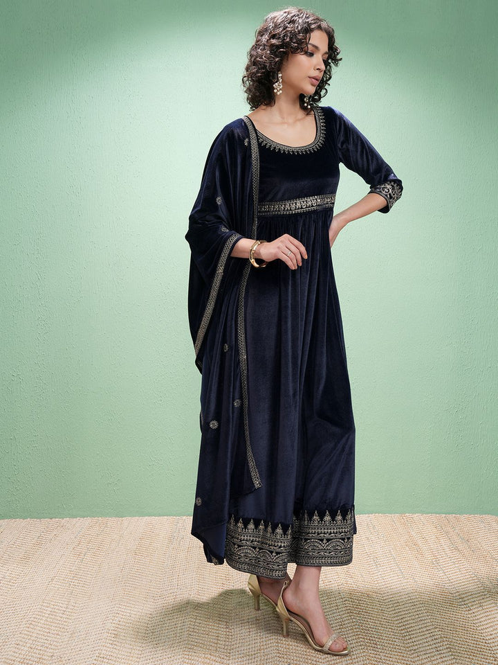 Vishudh Velvet Embroidered Maxi Dress With Dupatta