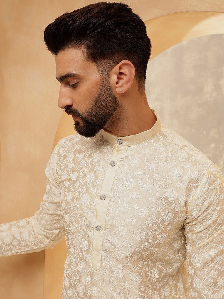 Anouk Cream Embroidered Mandarin Collar Kurta With Trouser