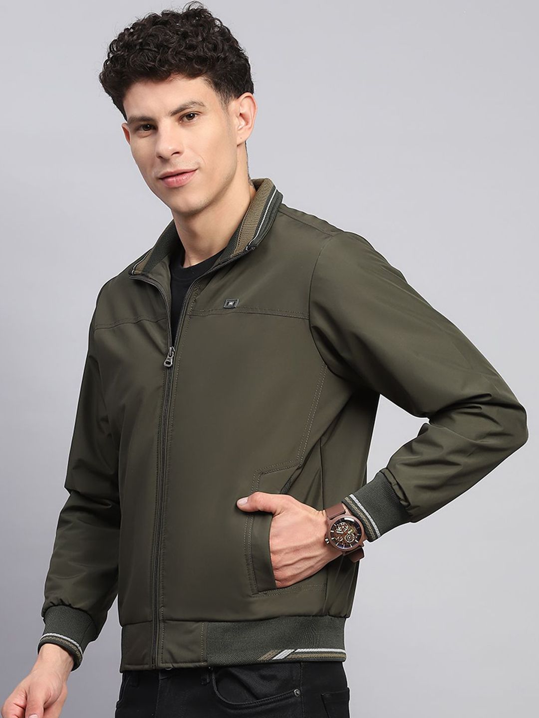 Monte Carlo Men Mock Collar Solid Casual Bomber Jacket