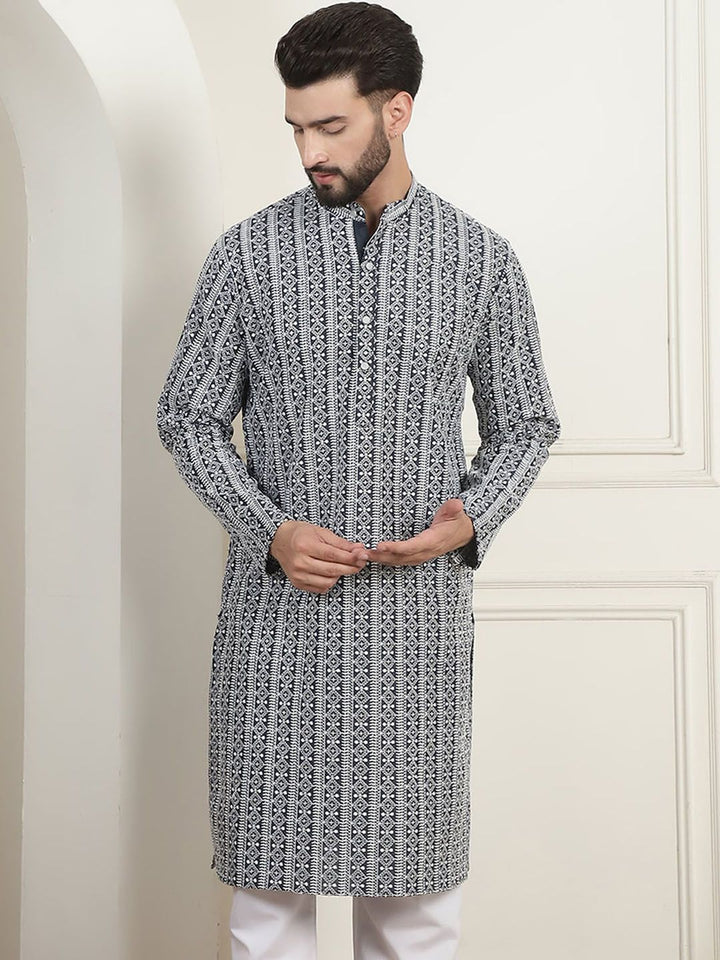 Anouk Charcoal Grey Ethnic Motifs Embroidered Thread Work Pure Cotton Straight Kurta