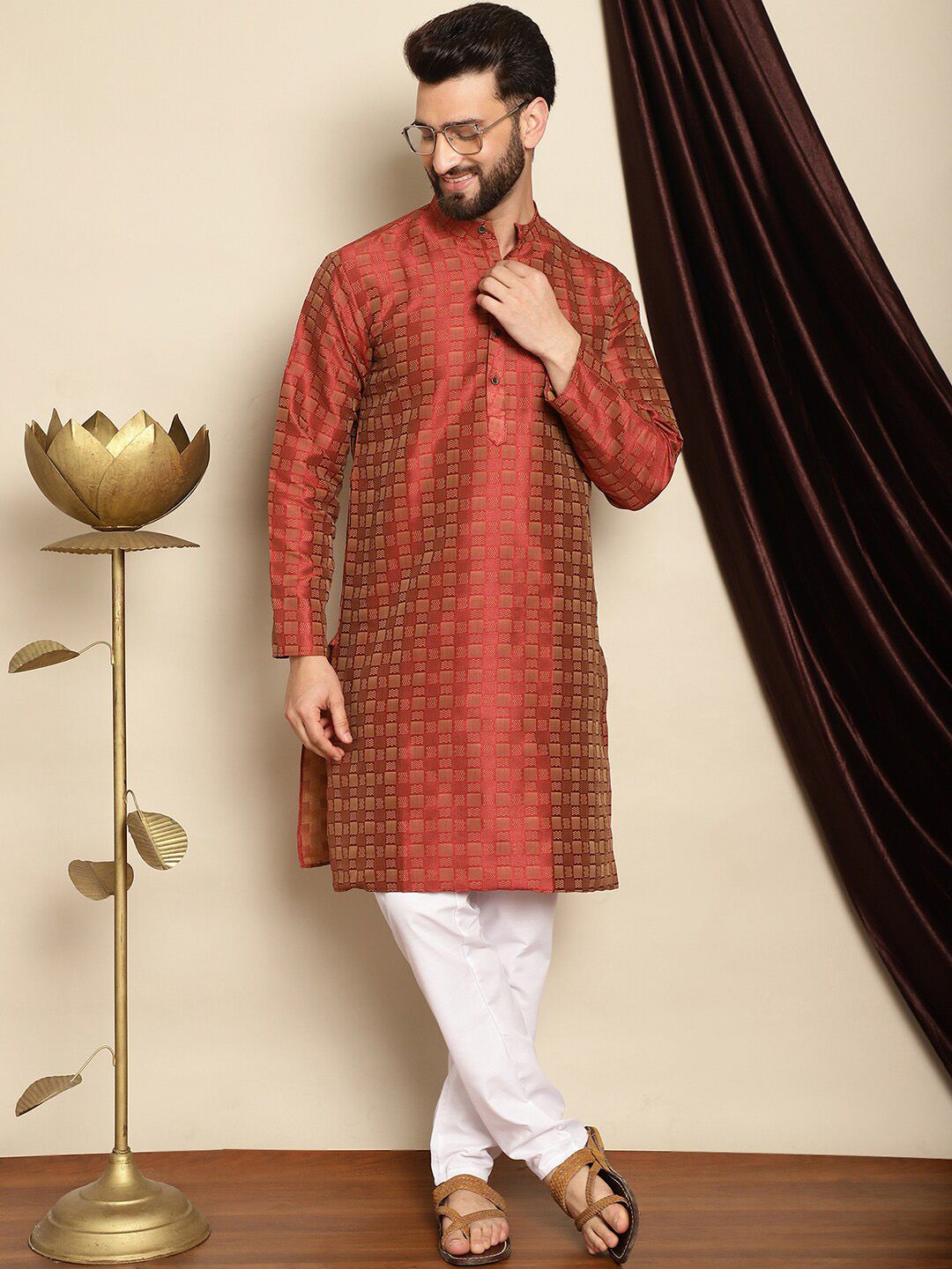 Anouk Geometric Self Design Mandarin Collar Straight Kurta With Churidar