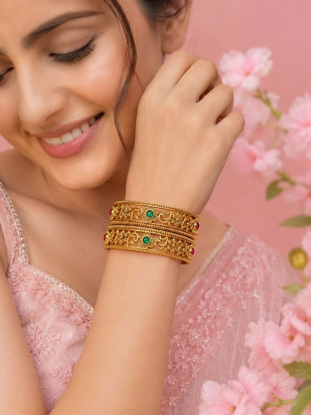 PANASH Set Of 2 Gold-Plated Artificial Stones Studded Bangles