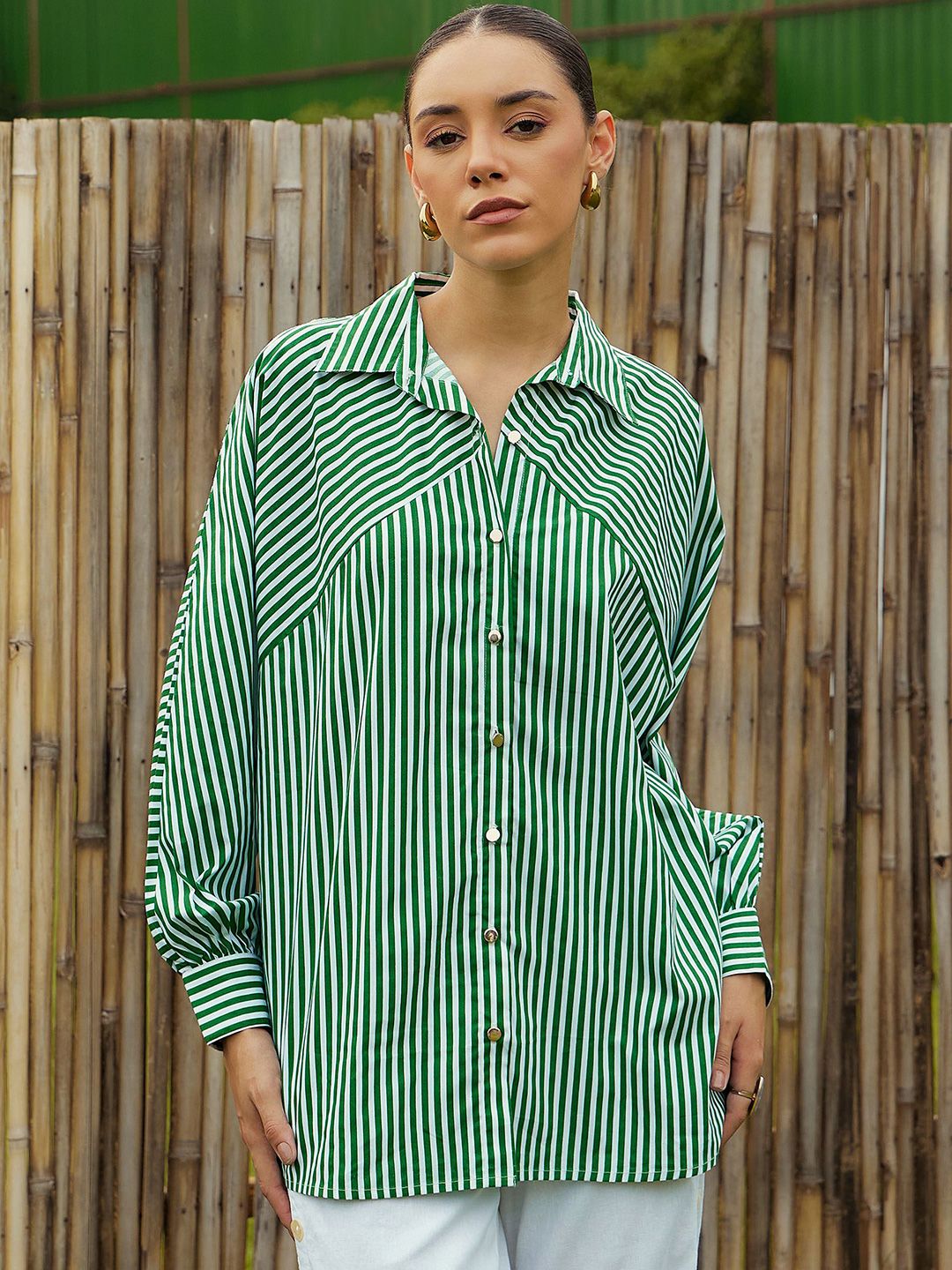 Pink Paprika by SASSAFRAS Women Vertical Striped Cotton Oversized Casual Shirt