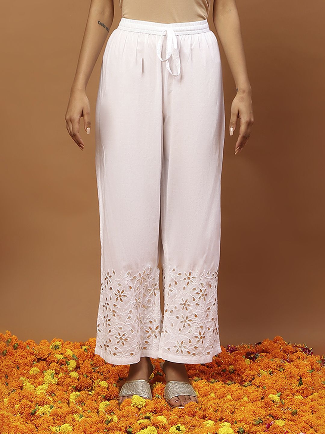 House of Chikankari Women Orange Chanderi Chikankari Embroidered Kurta Set