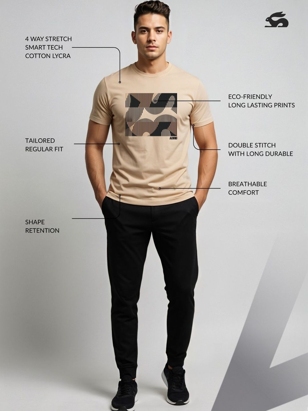 ADRO Geometrik Bercetak Leher Bulat Mesra Kulit T-shirt Fit Biasa