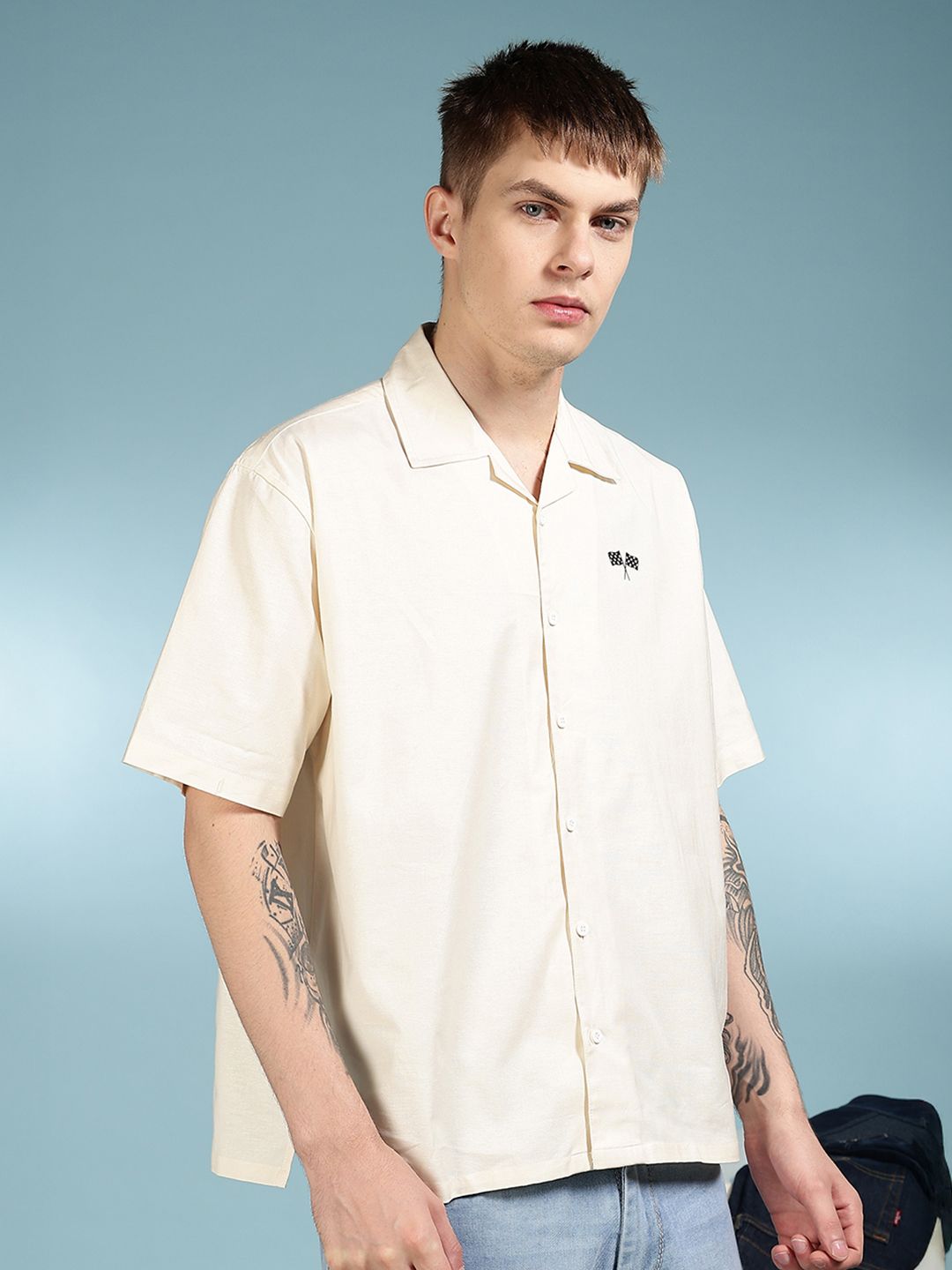 Eszett Finishing Line Printed Spread Collar Oversized Linen Shirt