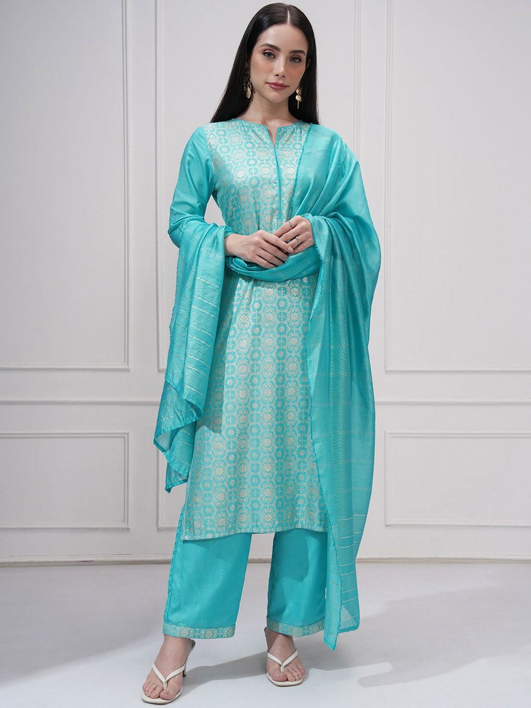 Vishudh Floral Woven Design Notch Neck Jacquard Straight Kurta With Trouser And Dupatta