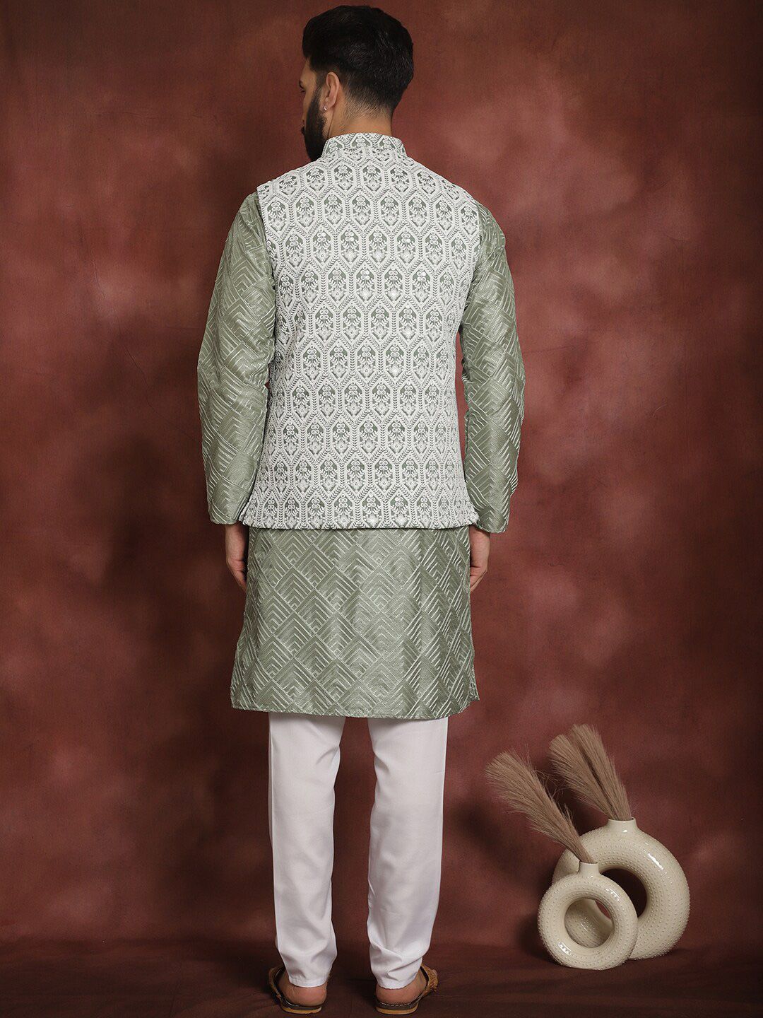 Anouk Floral Woven Design Mandarin Collar Long Sleeves Kurta with Churidar Nehru Jacket