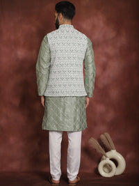 Anouk Floral Woven Design Mandarin Collar Long Sleeves Kurta with Churidar Nehru Jacket