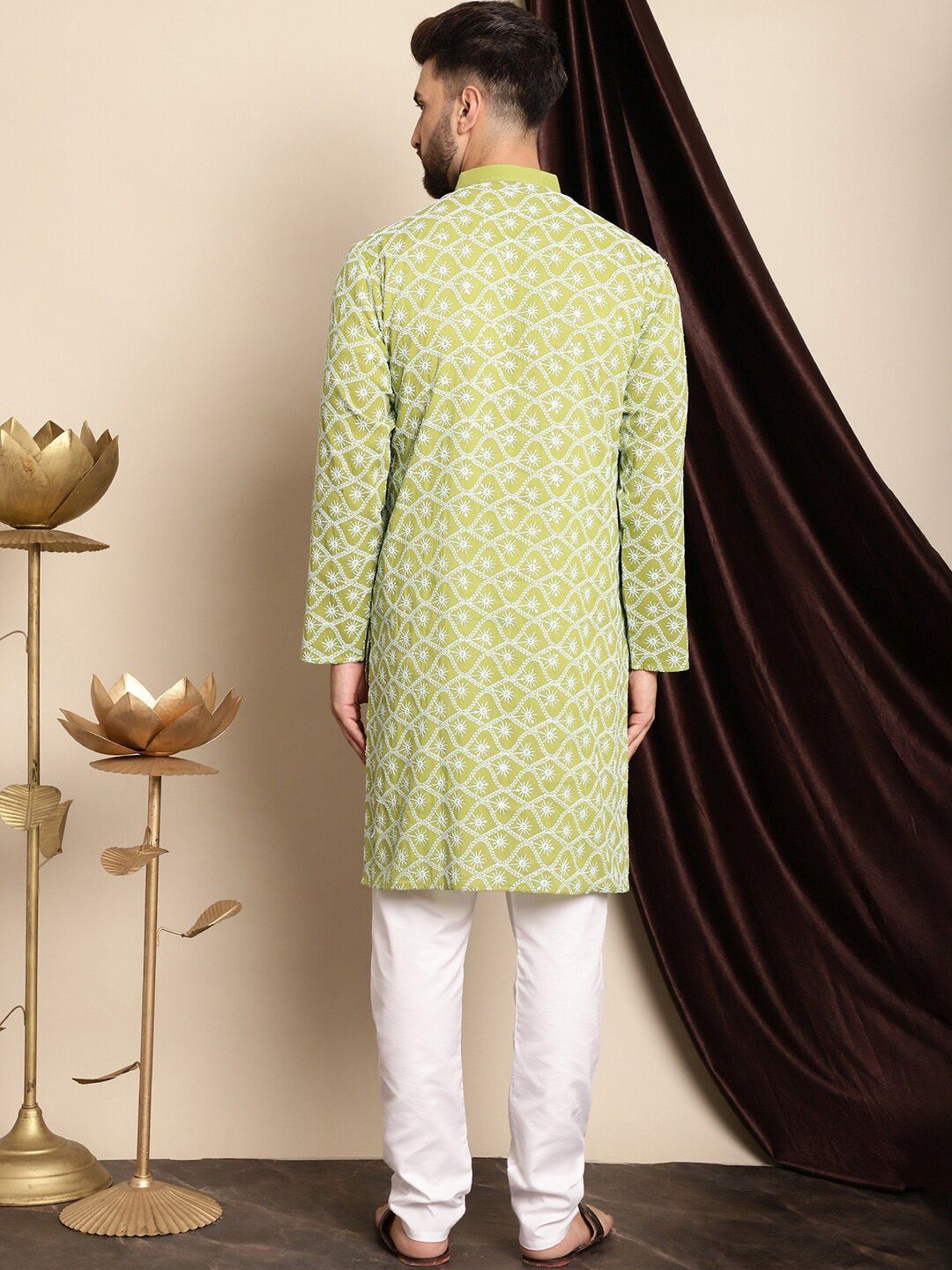 Motif Etnik Hijau Anouk Bersulam Benang Berfungsi Kapas Tulen Kurta Lurus Dengan Churidar