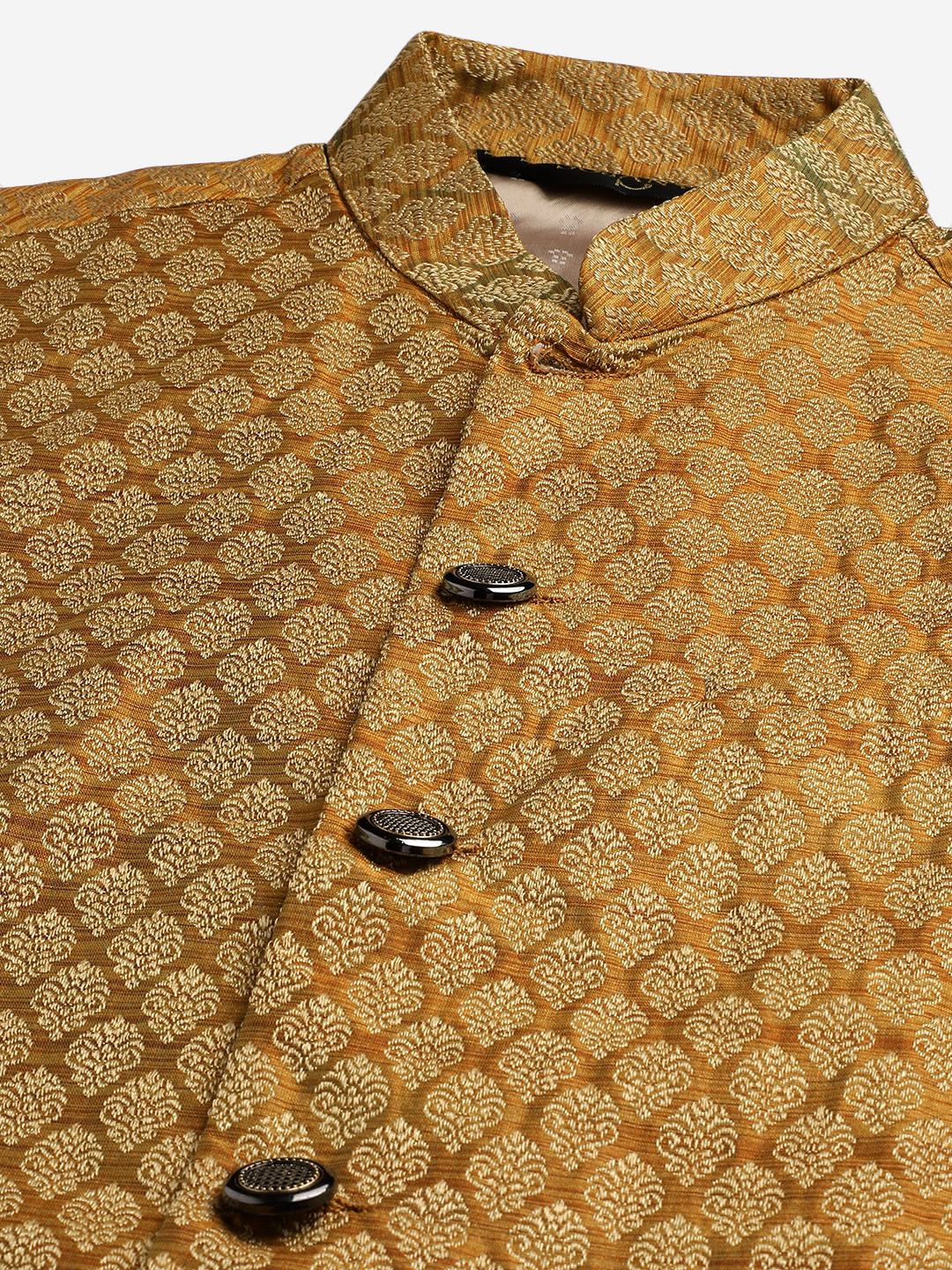 SOJANYA Men Maroon & Mustard Yellow Solid Kurta with Churidar & Nehru Jacket