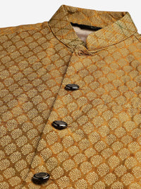 SOJANYA Men Maroon & Mustard Yellow Solid Kurta with Churidar & Nehru Jacket