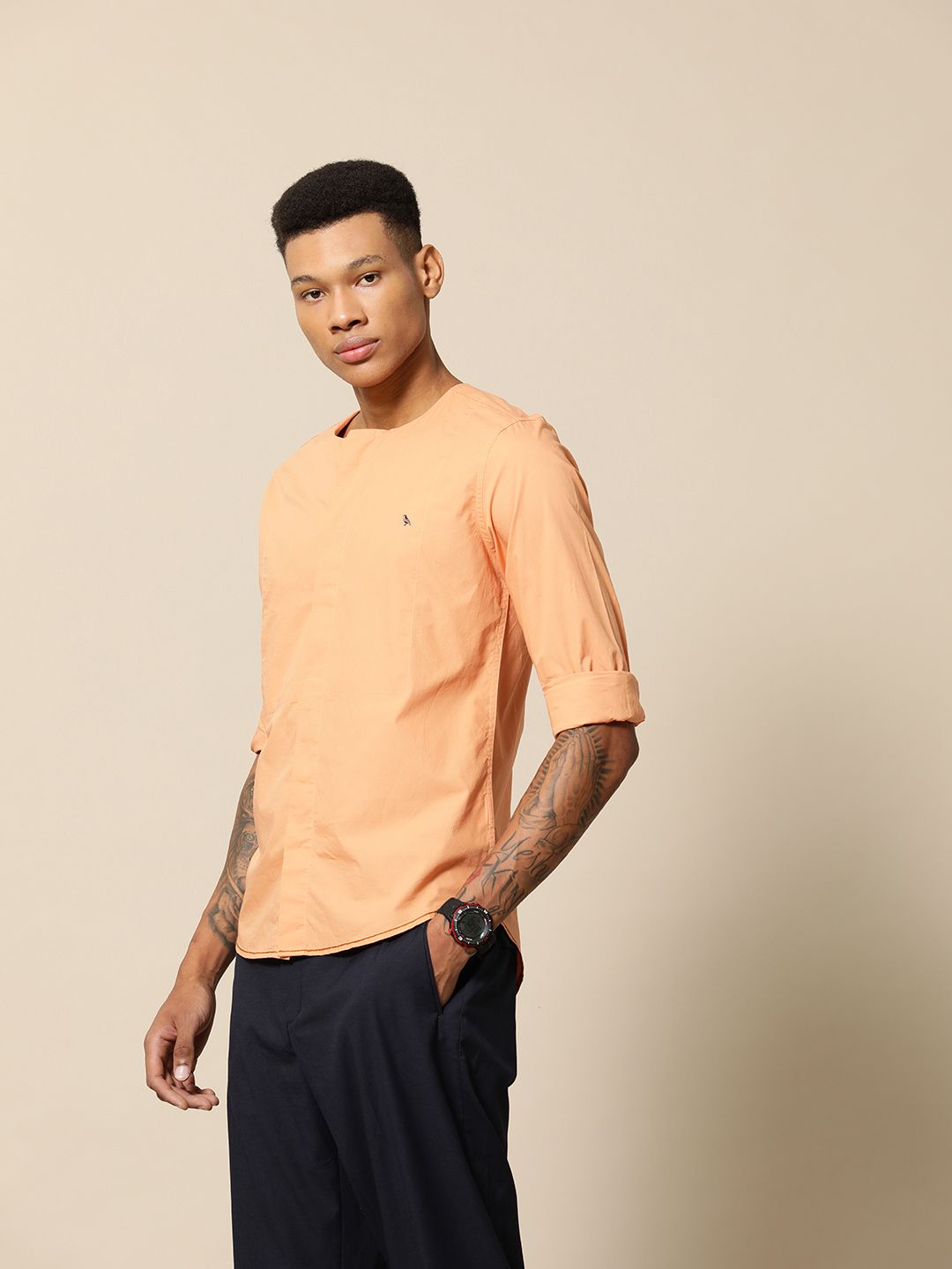 Mr Bowerbird Solid Tailored Fit Pure Cotton Compact Poplin Crew Neck Shirt