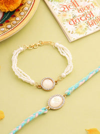 NVR Set of 2 White Pearls & Artificial Beads Bhaiya Bhabhi Rakhi with Roli Chawal