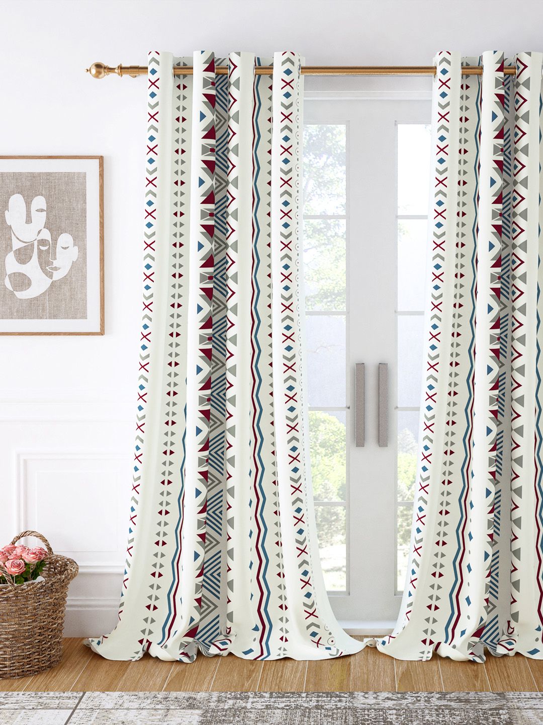 Story@home White & Grey Geometric Room Darkening Door Curtain