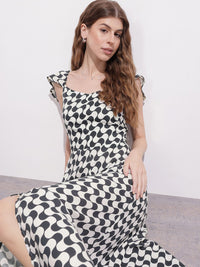DressBerry Monochrome Maze Ruffled A-Line Midi Dress
