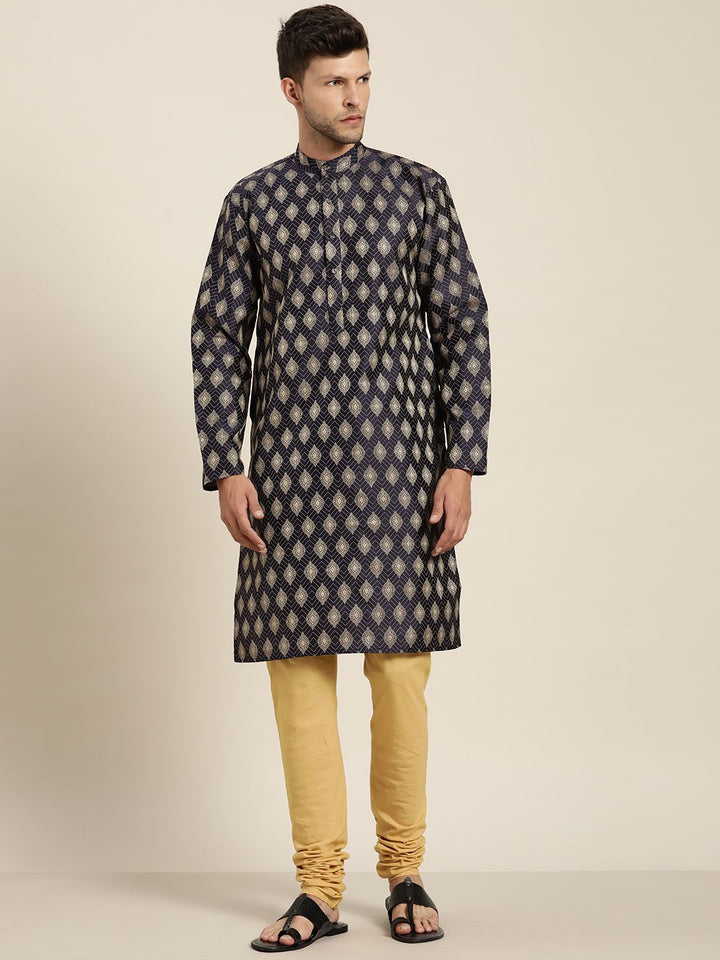 SOJANYA Lelaki Navy Blue & Golden Jacquard Woven Design Kurta