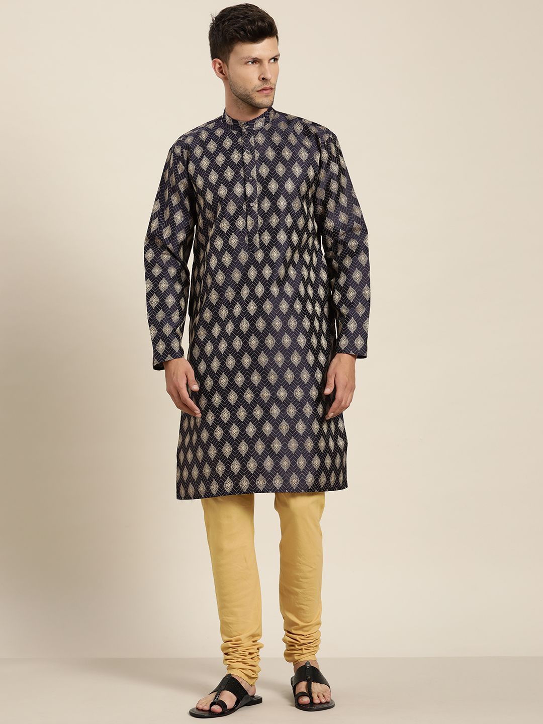 SOJANYA Lelaki Navy Blue & Golden Jacquard Woven Design Kurta