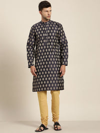 SOJANYA Lelaki Navy Blue & Golden Jacquard Woven Design Kurta