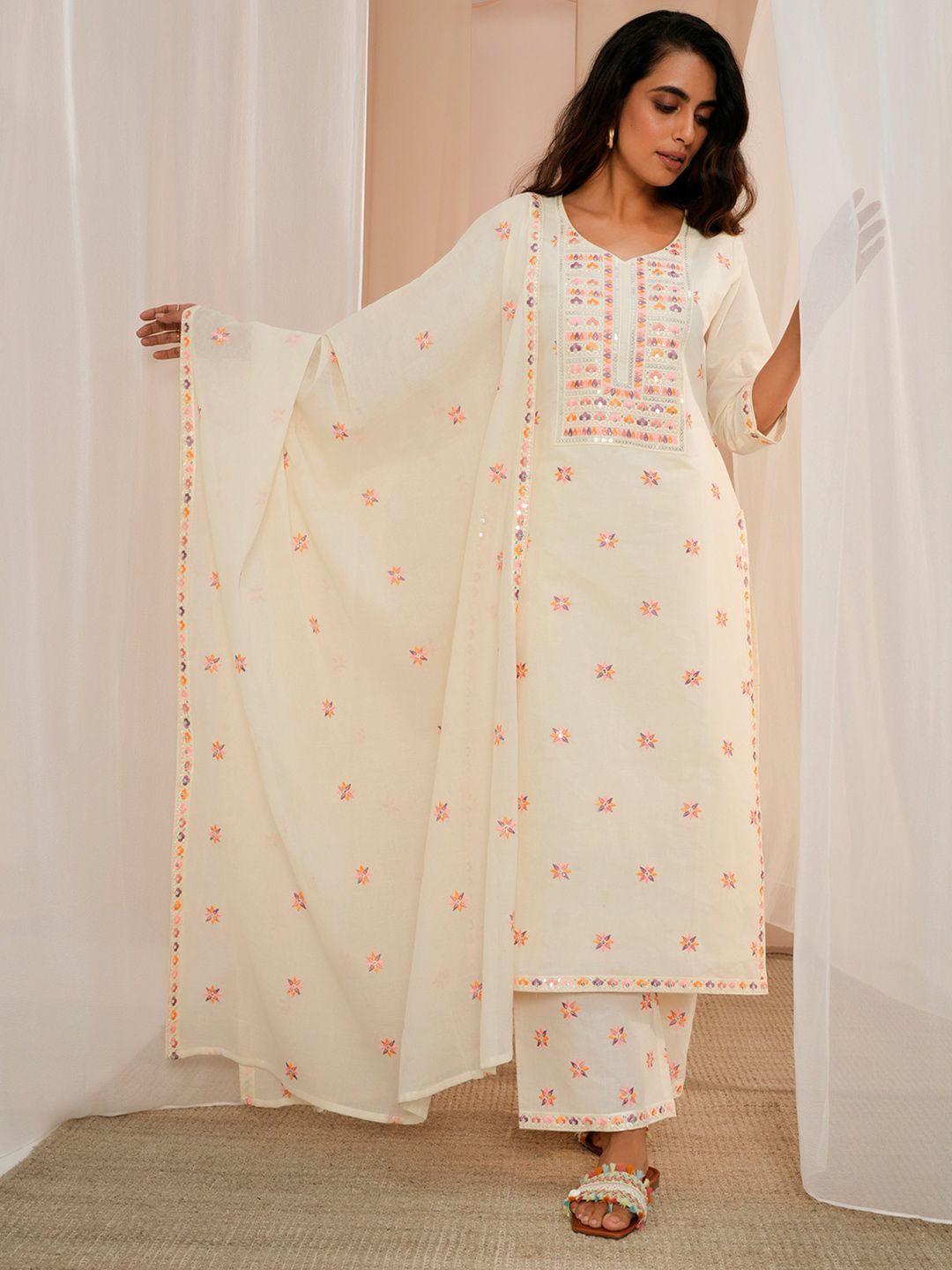 Libas Floral Embroidered Thread Work Pure Cotton Kurta With Palazzos & Dupatta