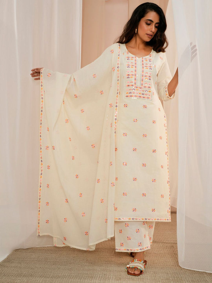 Libas Floral Embroidered Thread Work Pure Cotton Kurta With Palazzos & Dupatta