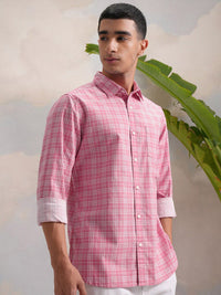 HIGHLANDER Classic Pink Slim Fit Tartan Checked Spread Collar Cotton Casual Shirt