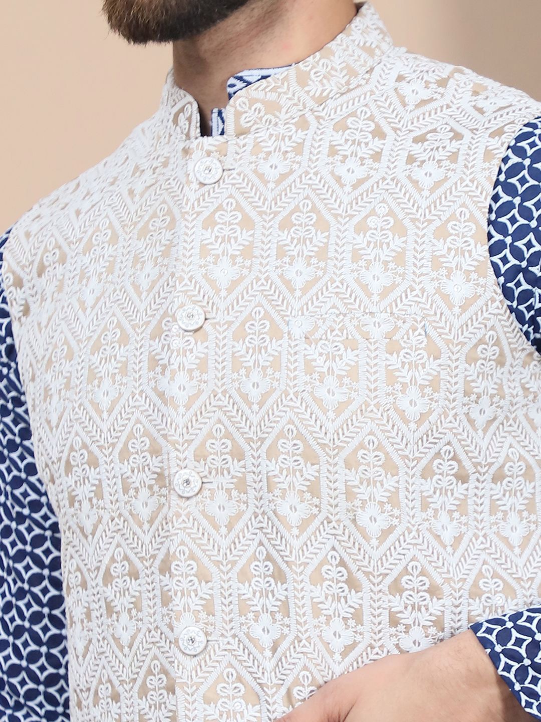Anouk Navy Blue Ethnic Motifs Printed Pure Cotton Kurta with Churidar