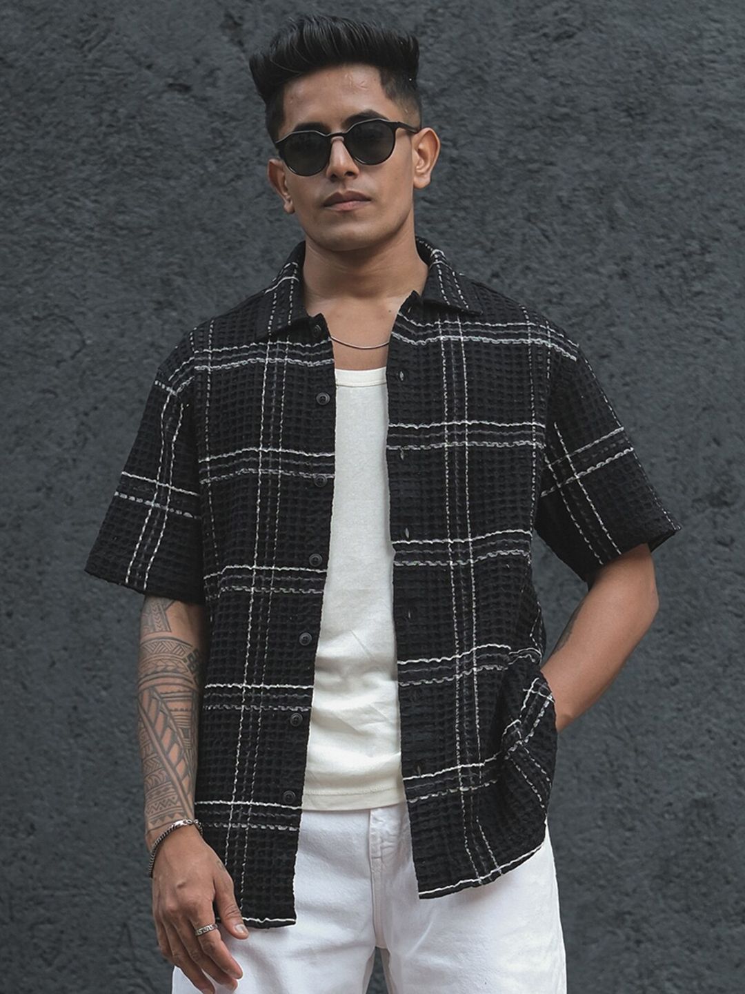 Powerlook India Slim Tartan Checks Spread Collar Short Sleeves Casual Shirt