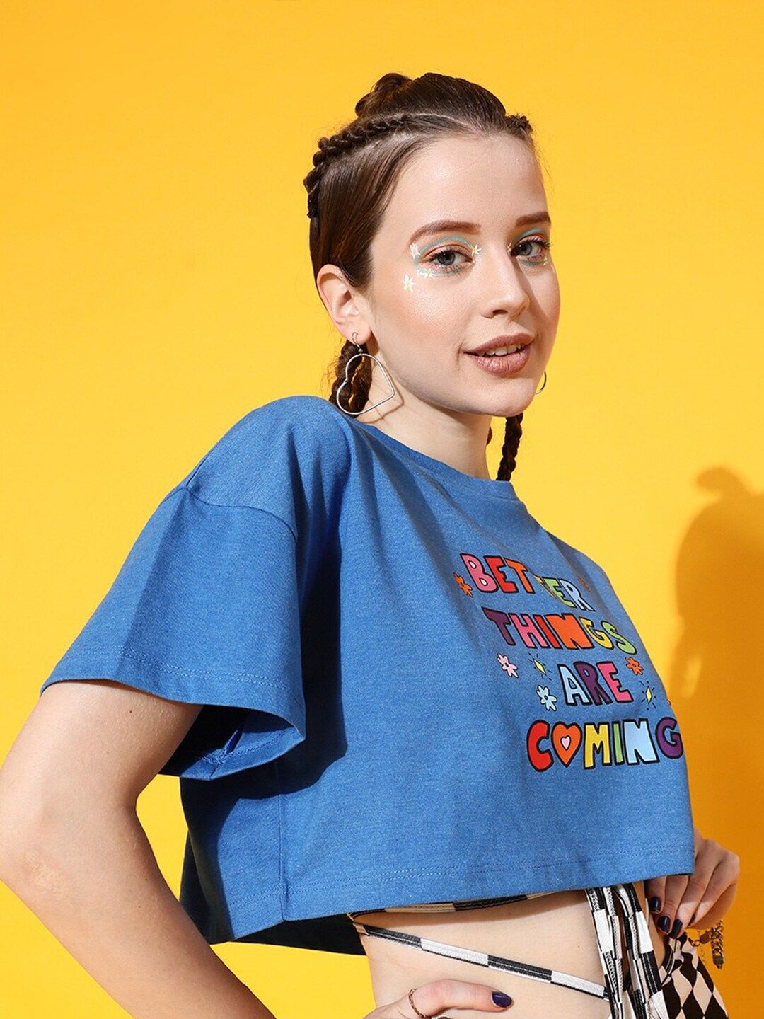 STREET 9 Women Blue Typography Printed Oversized  Crop T-shirt