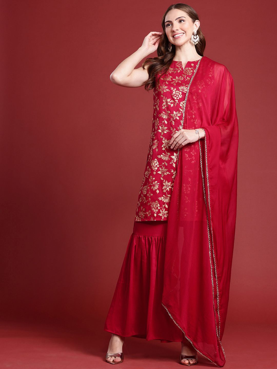 Anouk Indie Floral Printed Kurta With Sharara & With Dupatta