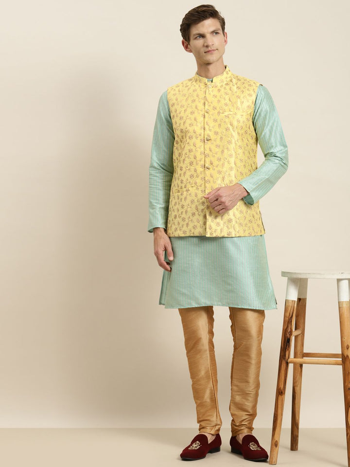 SOJANYA Men Sea Green Striped Kurta with Churidar & Nehru Jacket