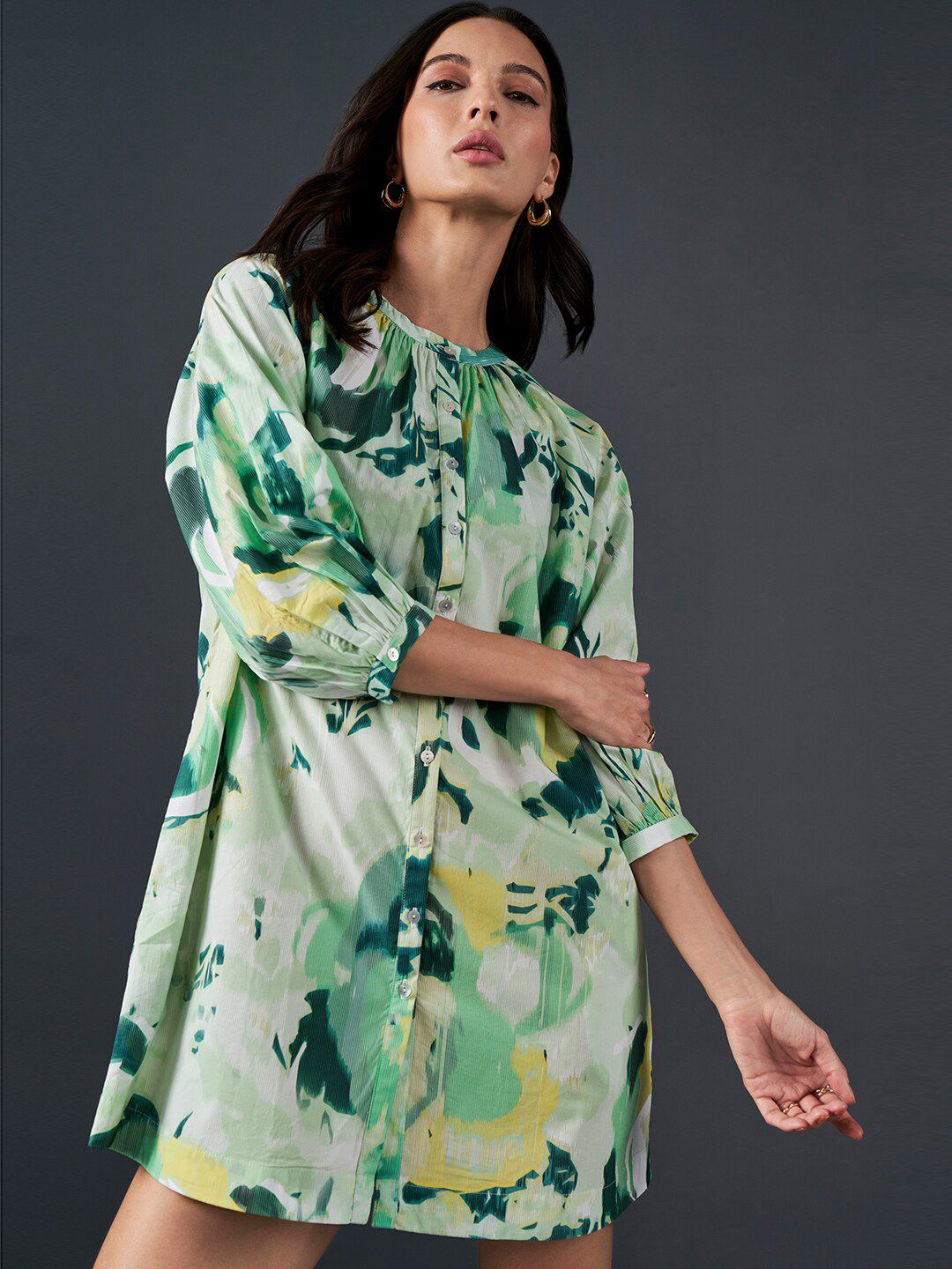 AND Floral Printed A-Line Pure Cotton Mini Dress