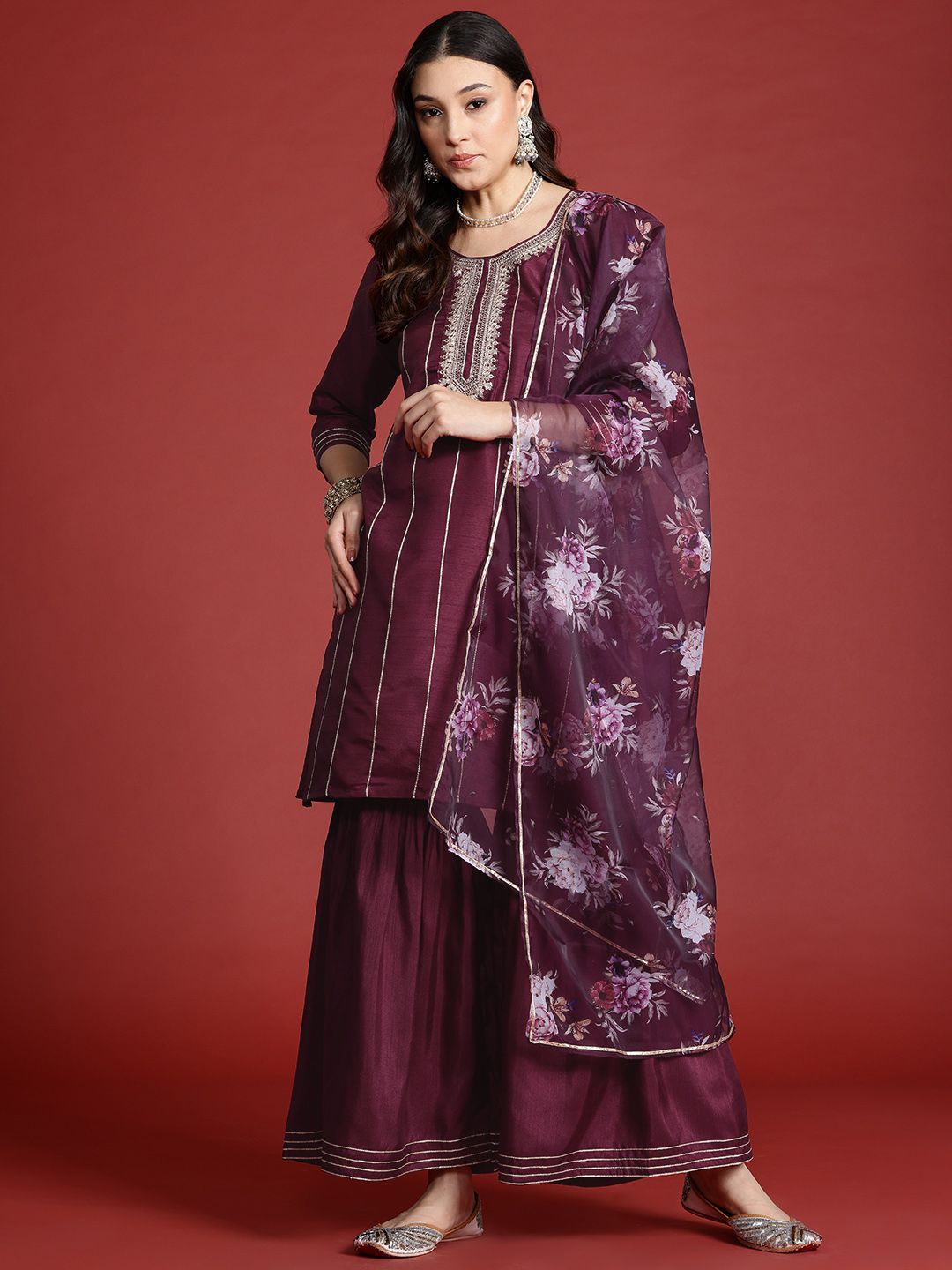 Anouk Women Embroidered Zari Kurta with Sharara & Dupatta