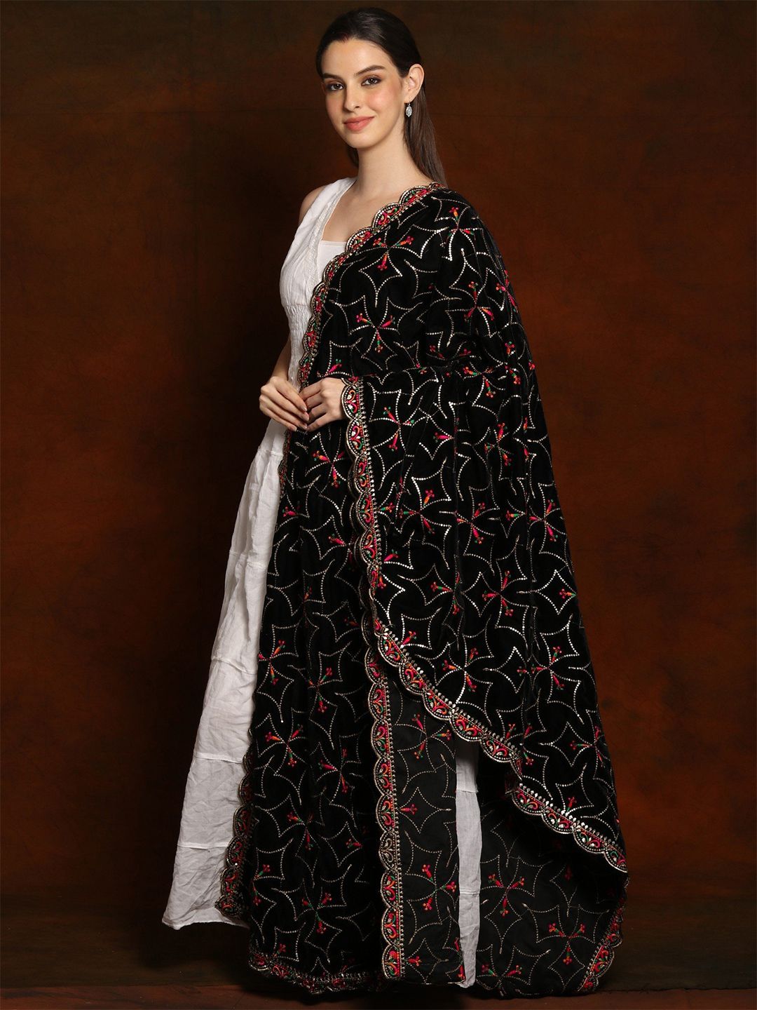 Exotic India Caviar Black Velvet Dupatta with Zari and Sequinned Diamond Pattern