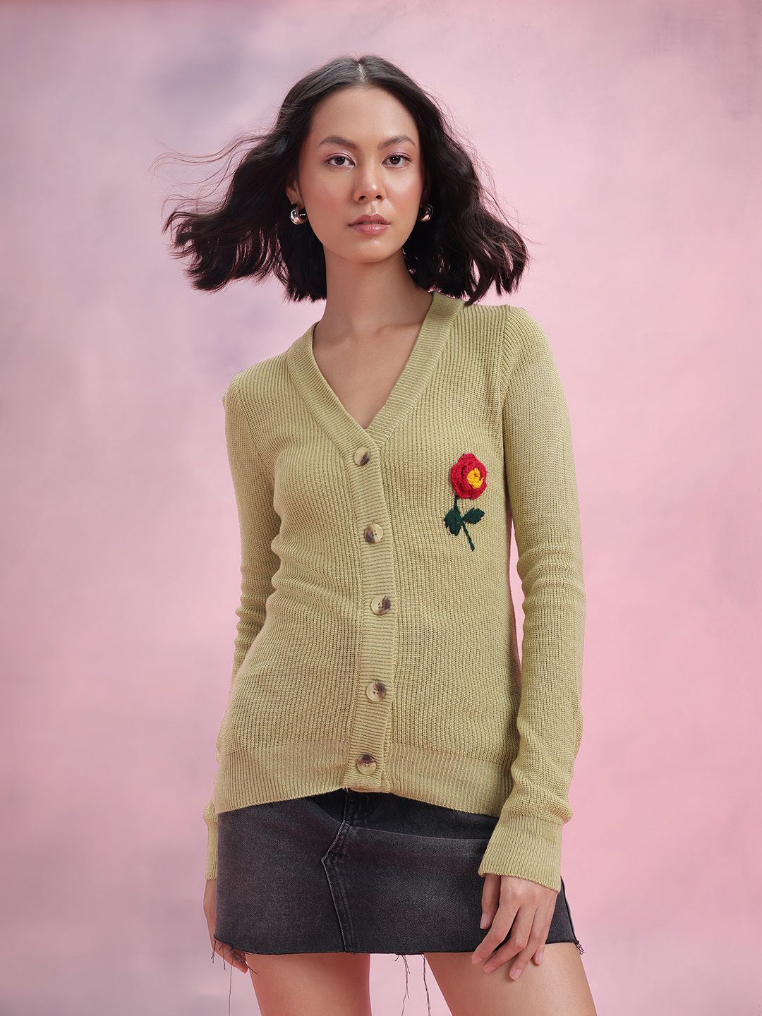 DressBerry Floral Embroidered Ribbed Acrylic Cardigan