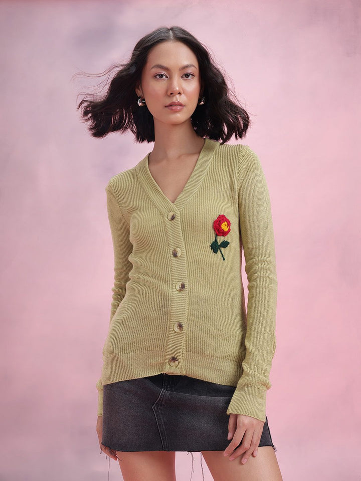 DressBerry Floral Embroidered Ribbed Acrylic Cardigan