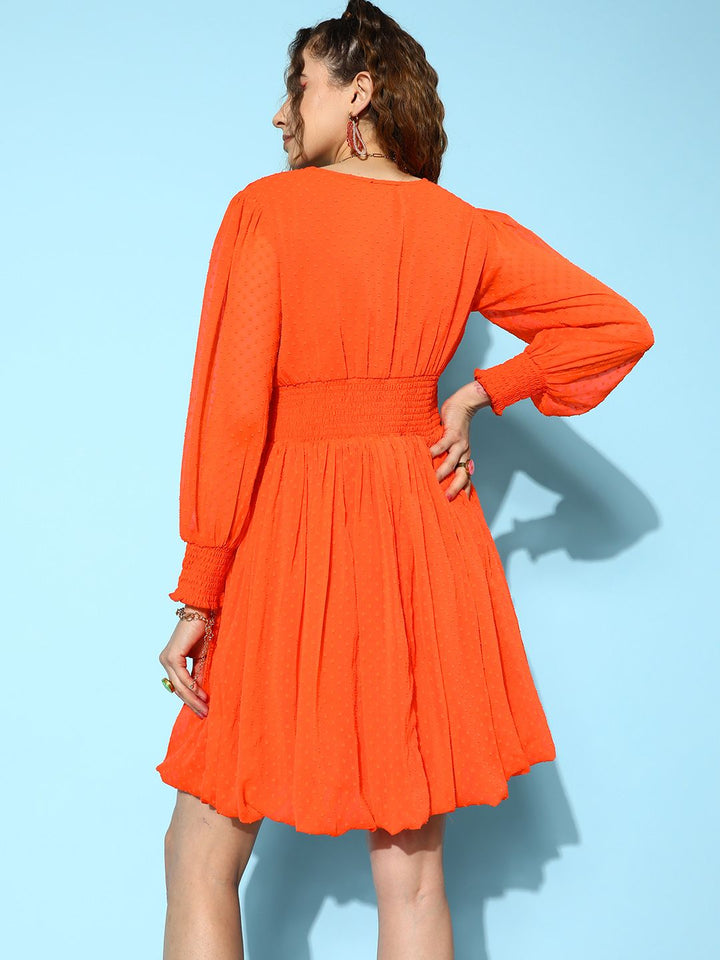 Antheaa Self Design Puff Sleeve Chiffon Fit & Flare Mini Dress