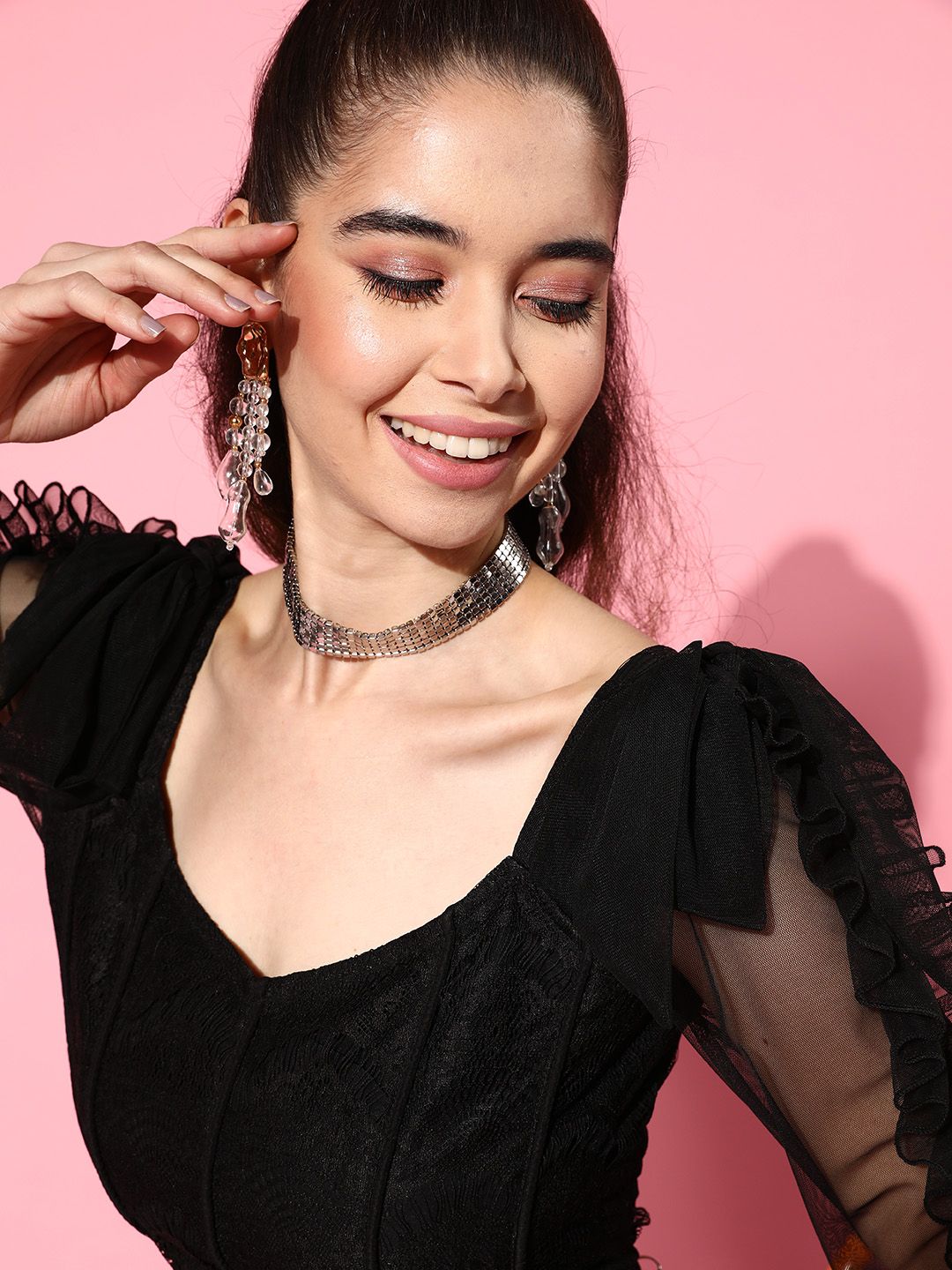 Antheaa Black Sweetheart Neck Net Top