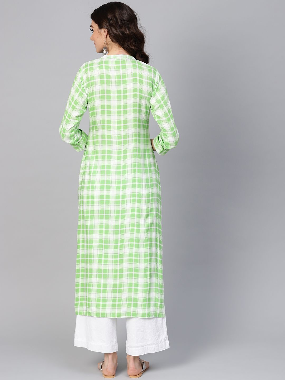 Libas Women Green & White Checked Straight Kurta