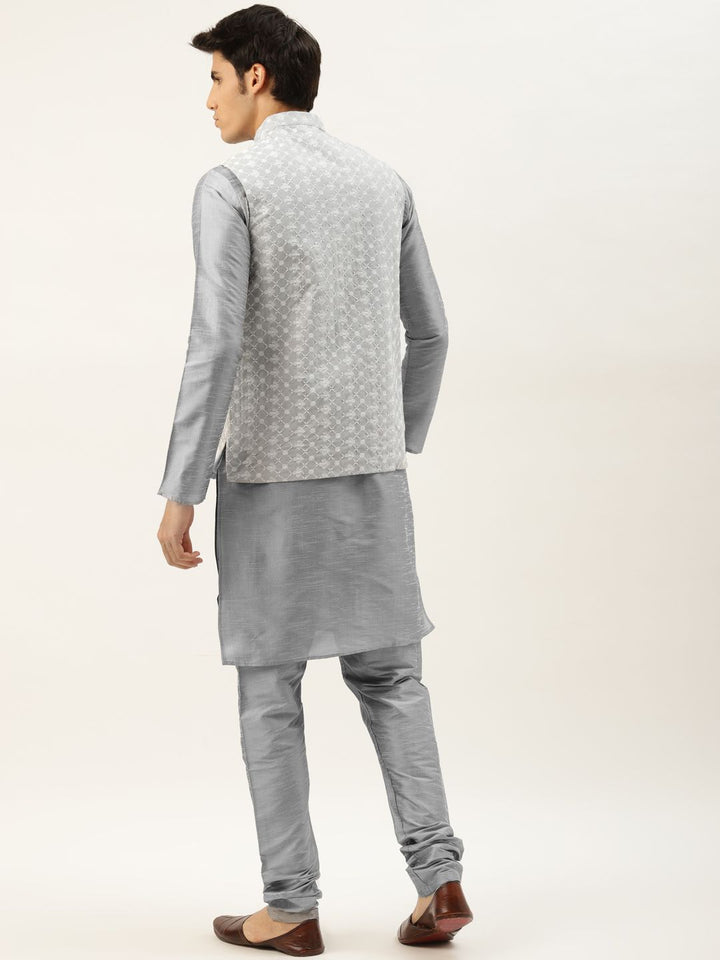 SOJANYA Set Kurta Solid Kelabu Lelaki Dengan Jaket Bersulam