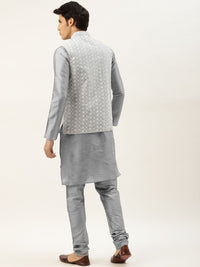 SOJANYA Set Kurta Solid Kelabu Lelaki Dengan Jaket Bersulam