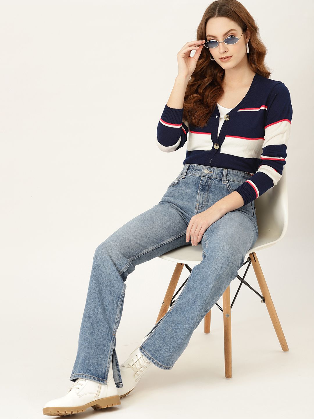 DressBerry Women Navy Blue & White Striped Cardigan