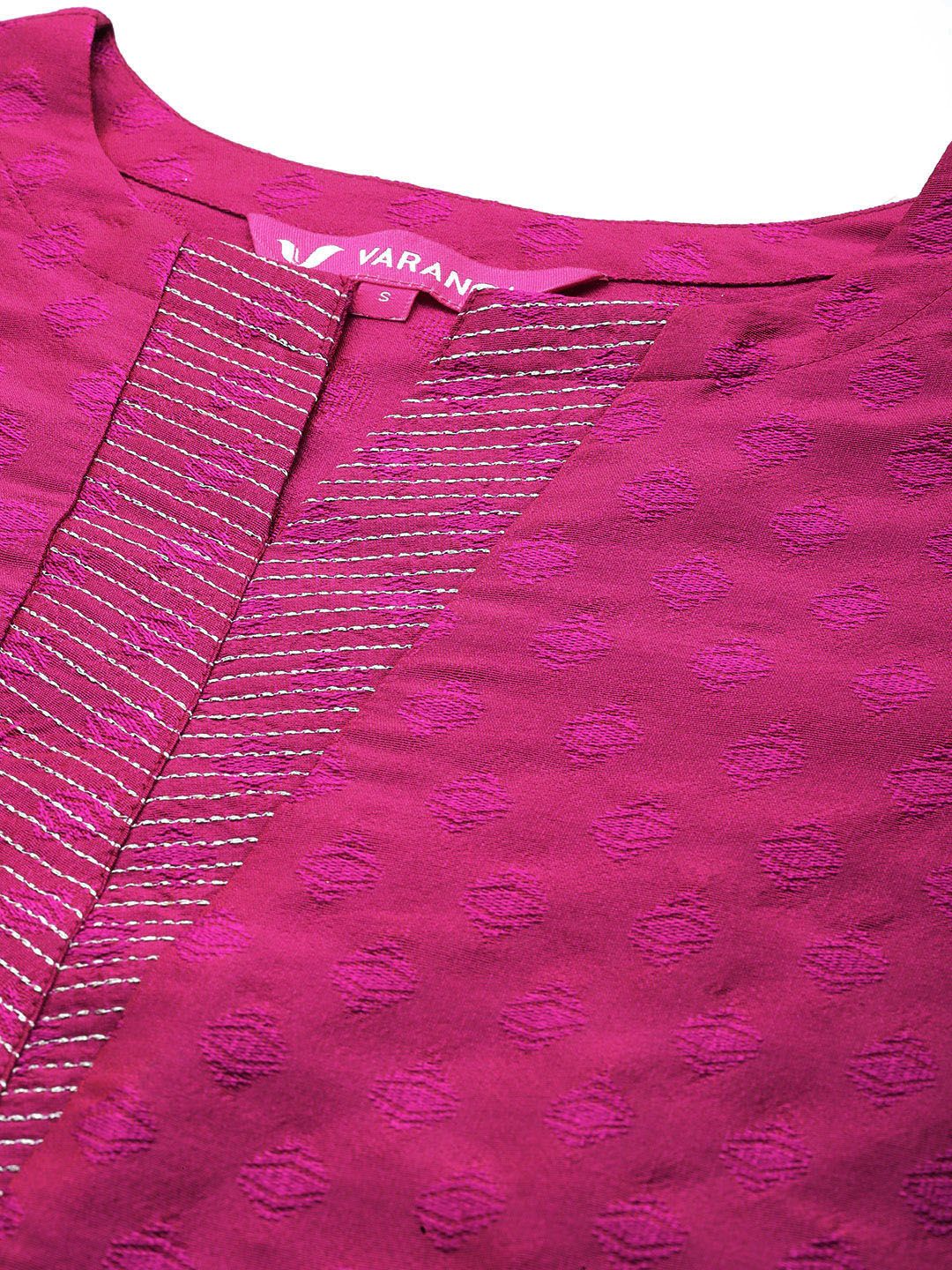 Varanga Women Pink Zari Work textured Kurta with Trouser and Printed Dupatta