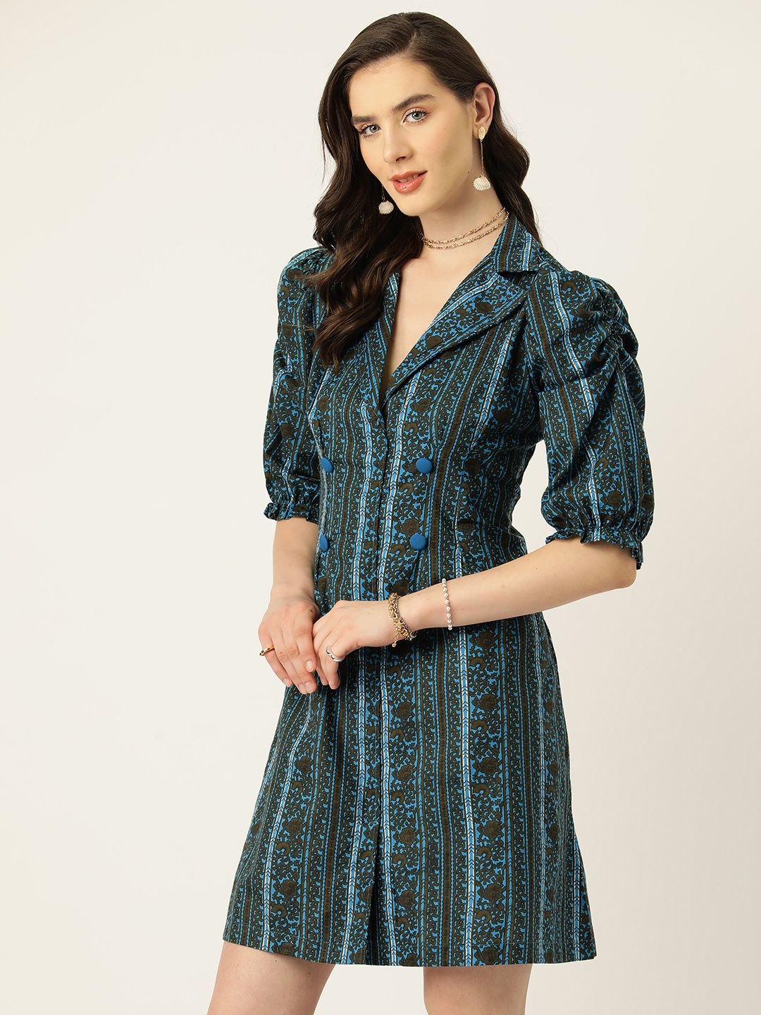 Antheaa Floral Print Puff Sleeve A-Line Dress