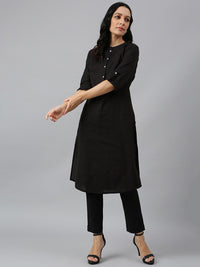 W Black Mandarin Collar Roll-Up Sleeves Pathani Kurta