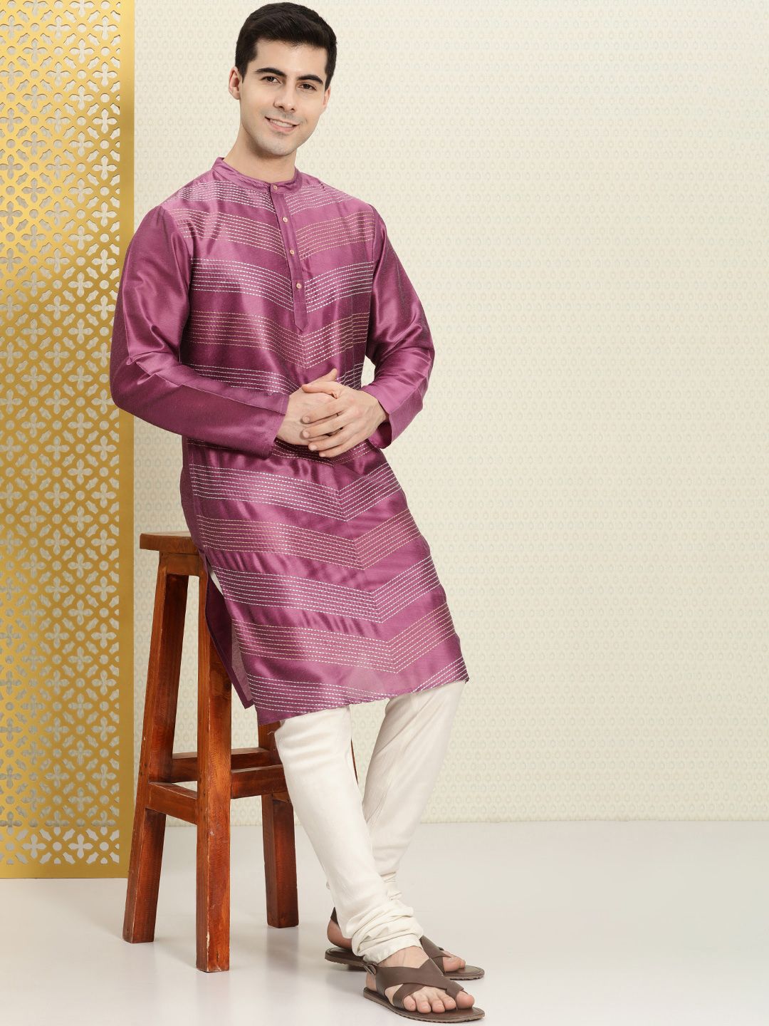 House of Pataudi Men Striped Band Collar Straight Rozana Kurta