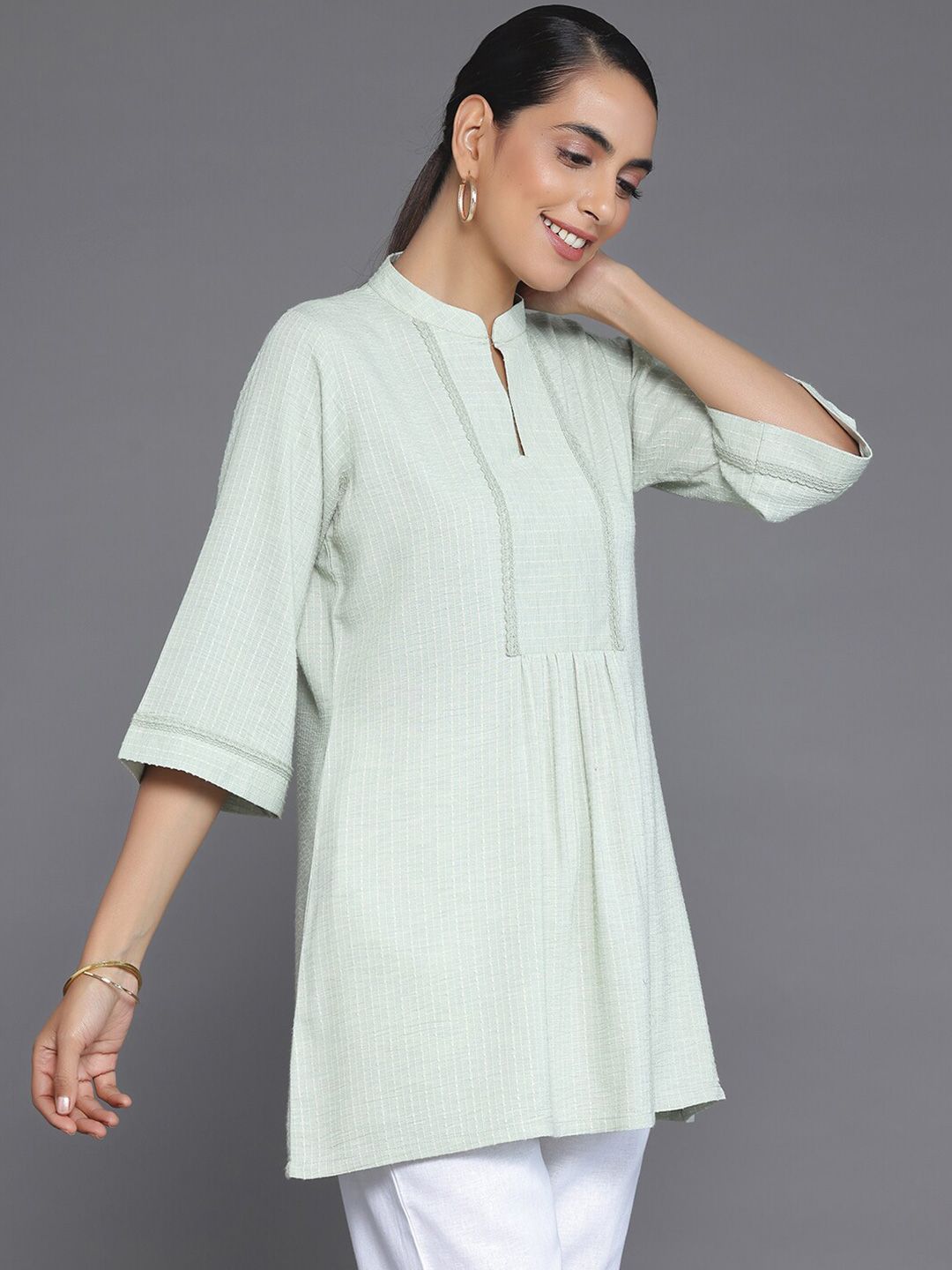 Libas Striped Mandarin Collar Lace Straight Kurti