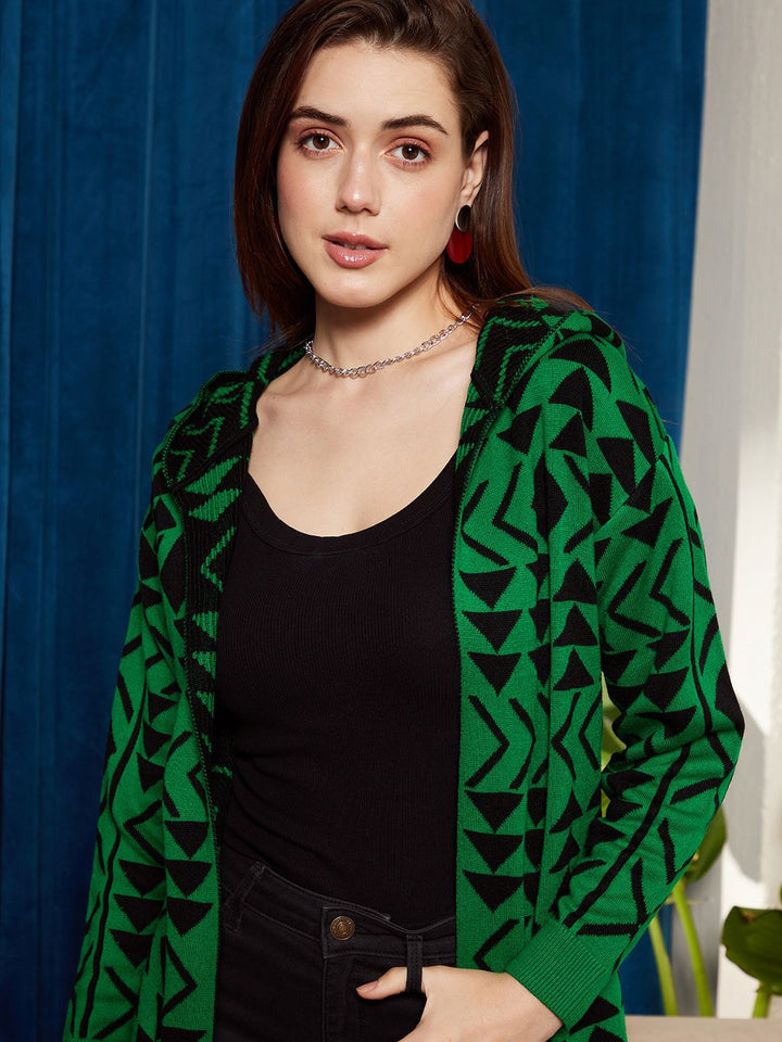 Berrylush Printed Longline Front Open Hooded Acrylic Sweater