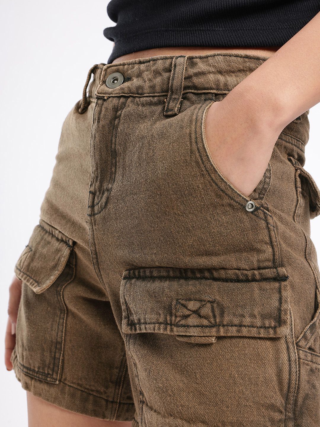DressBerry Women Edgy Cool High-Rise Washed Denim Cargo Shorts