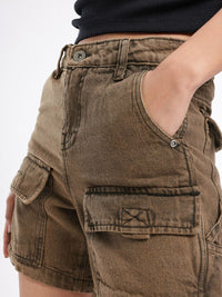 DressBerry Women Edgy Cool High-Rise Washed Denim Cargo Shorts